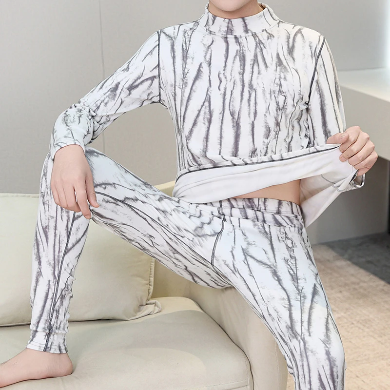 秋冬德绒保暖内衣套装男士半高领防寒发热磨毛秋衣秋裤两件套内穿