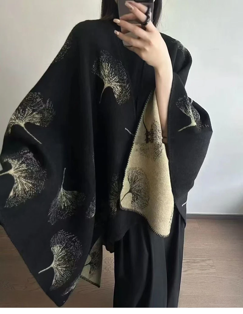 复古民族风银杏叶暗黑系开叉斗篷披肩2024秋冬季保暖围巾外搭披风