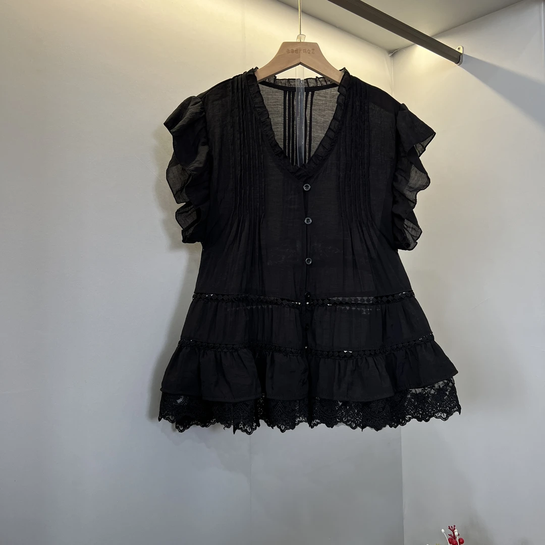 法式气质名媛高品质蕾丝拼接纯色显瘦小衫（衣长60）