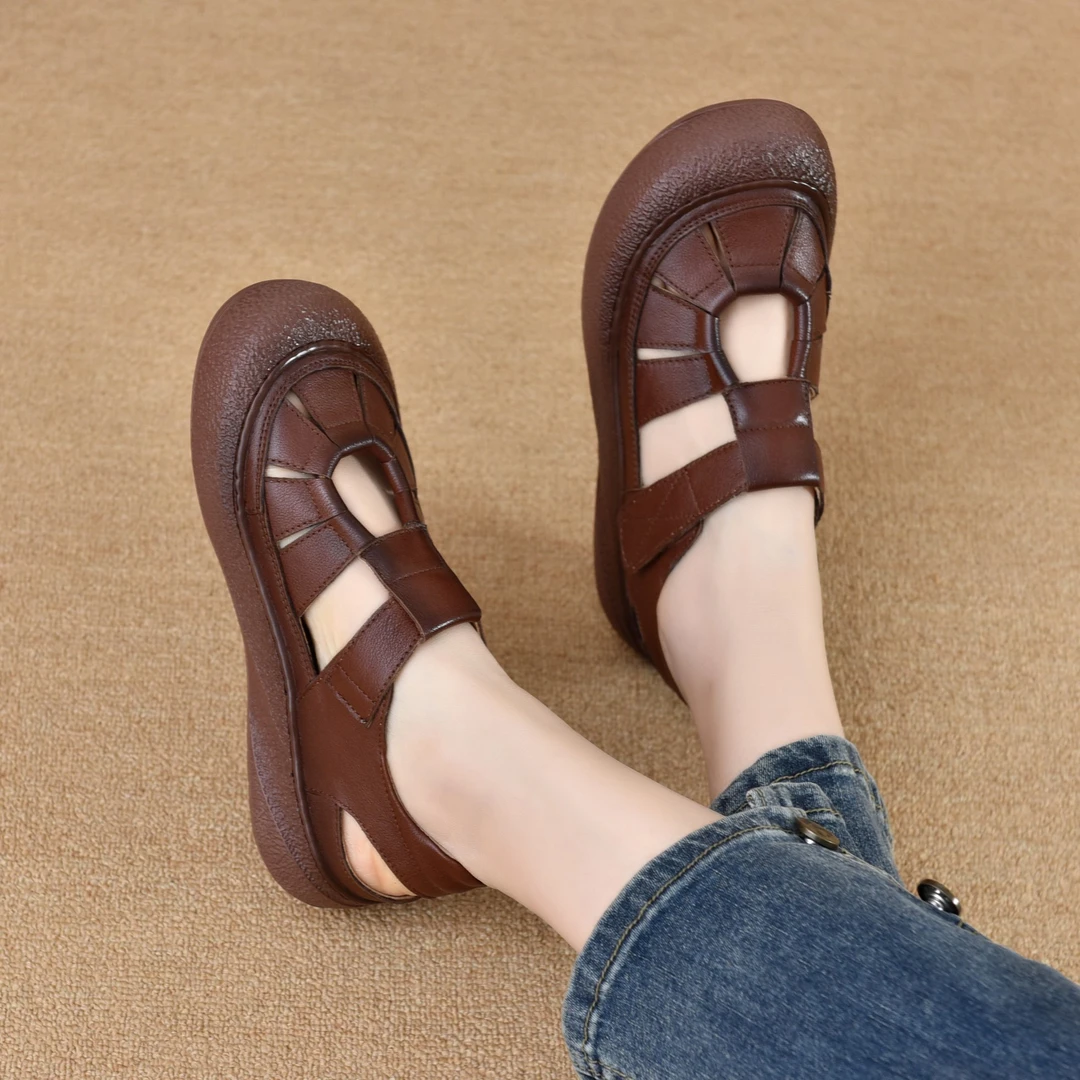 头层牛皮新款时尚舒适休闲百搭防滑软底圆头拼接夏季休闲鞋女款