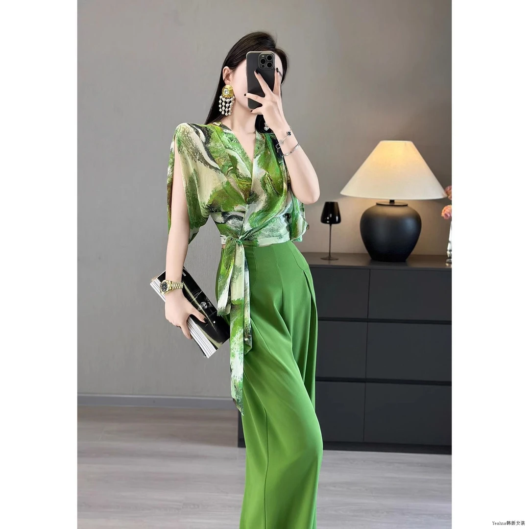 夏季洋气整套显瘦小个时尚减龄两件梨形夏季薄款裤轻薄阔腿拖地裤