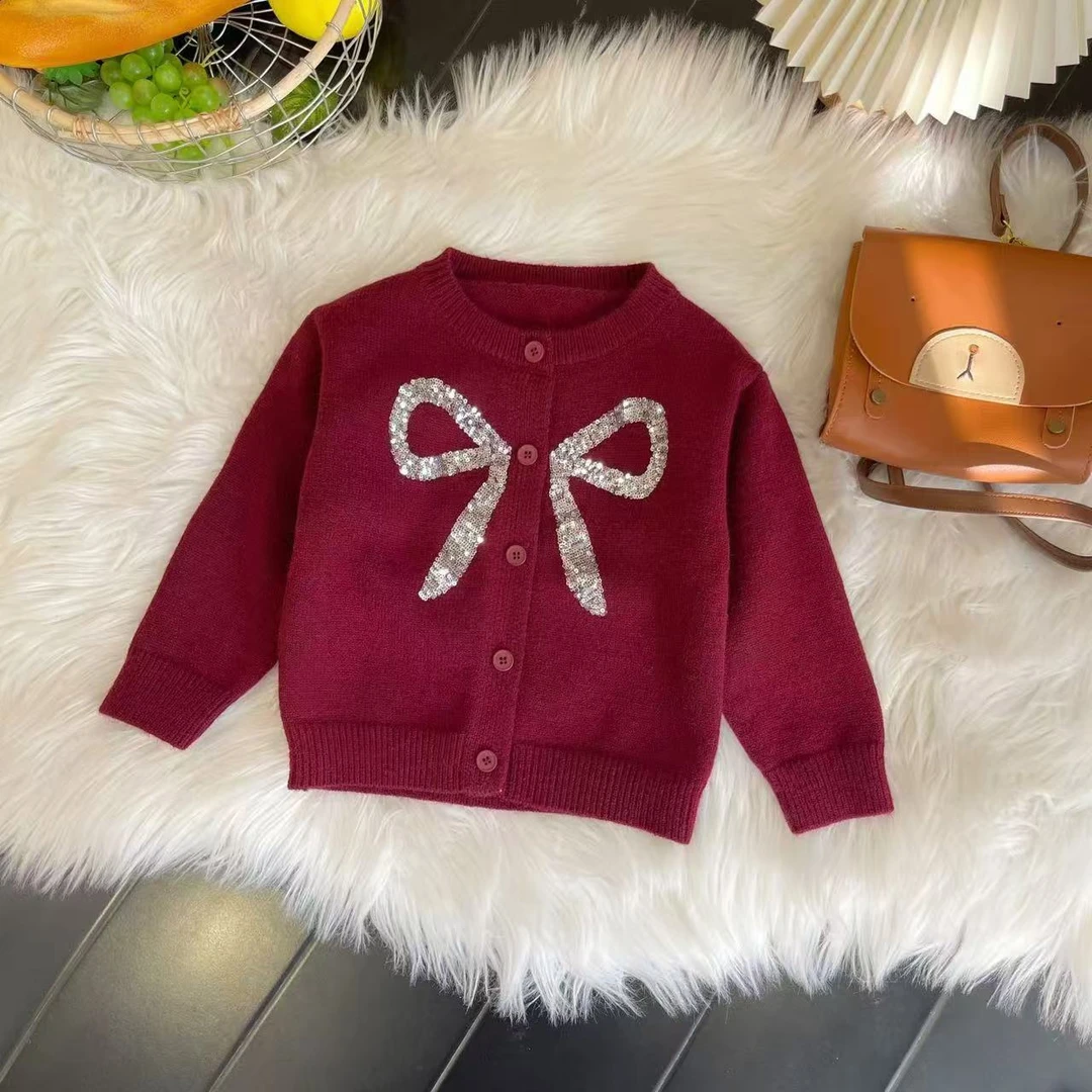 女童2025秋冬新款蝴蝶结韩版针织开衫儿童加厚网红百搭毛衣外套