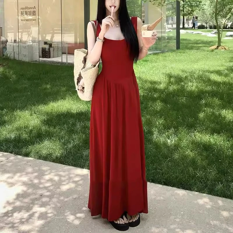 法式复古吊带红色连衣裙无袖修身显瘦小众无袖长连衣裙夏季2025