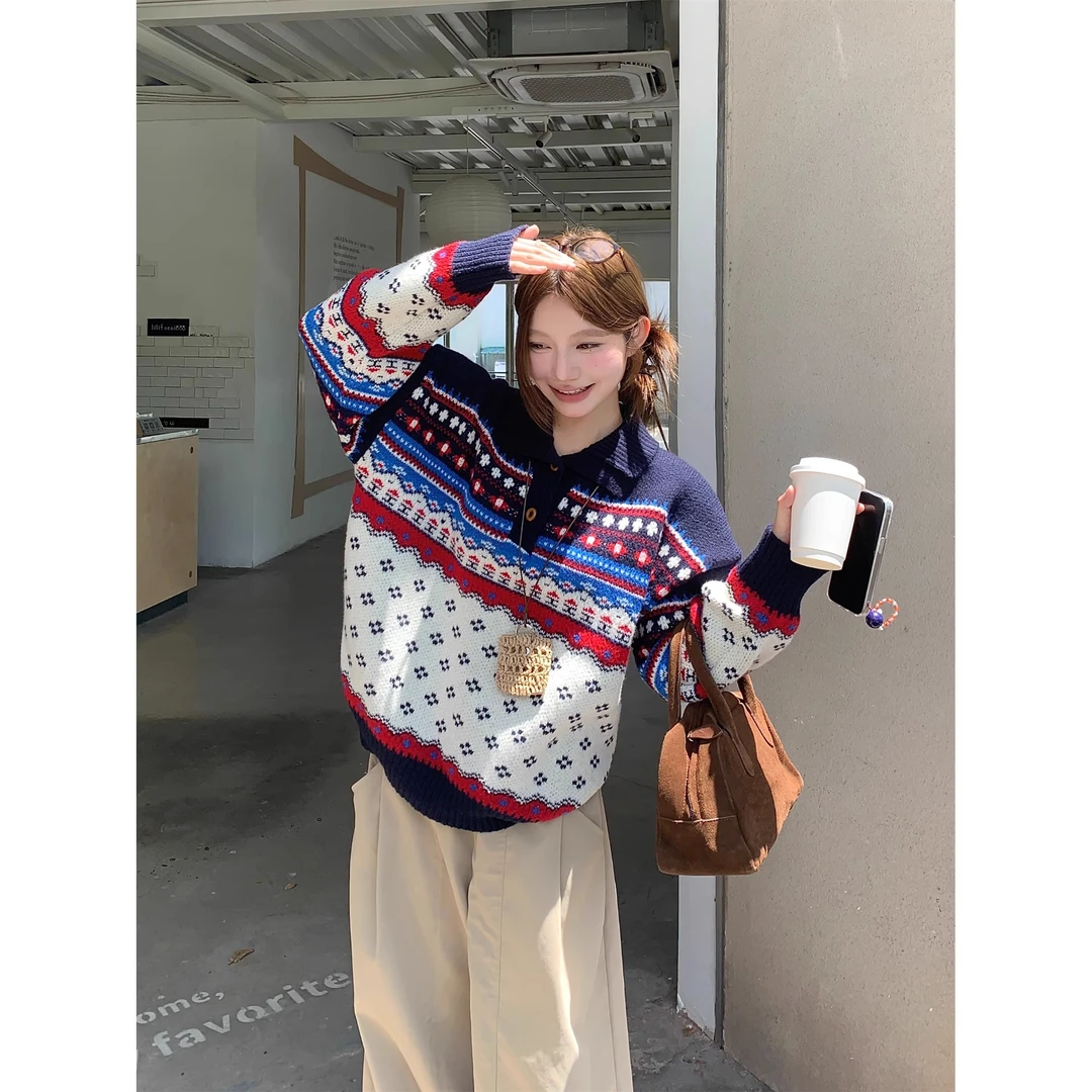 大码复古费尔岛提花半开领毛衣女秋冬胖MM显瘦宽松遮肉针织打底衫