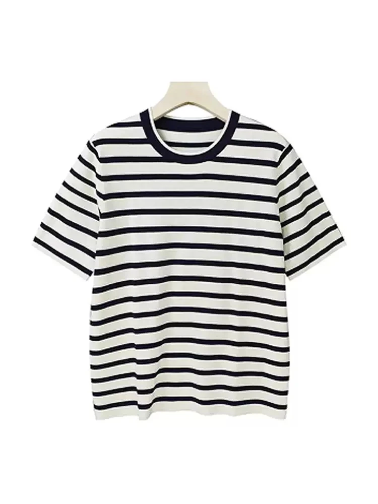 条纹撞色正肩短袖t恤女夏季圆领体恤2025年新款休闲显瘦宽松上衣