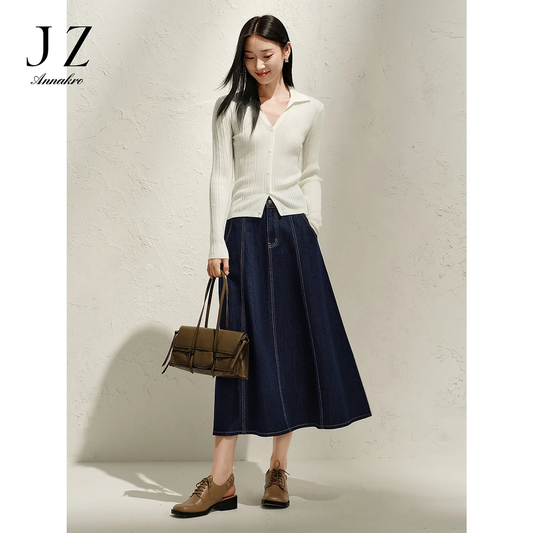 【岚岚专属】玖姿安娜蔻KWFC20020设计感云柔棉感牛仔伞裙半身裙