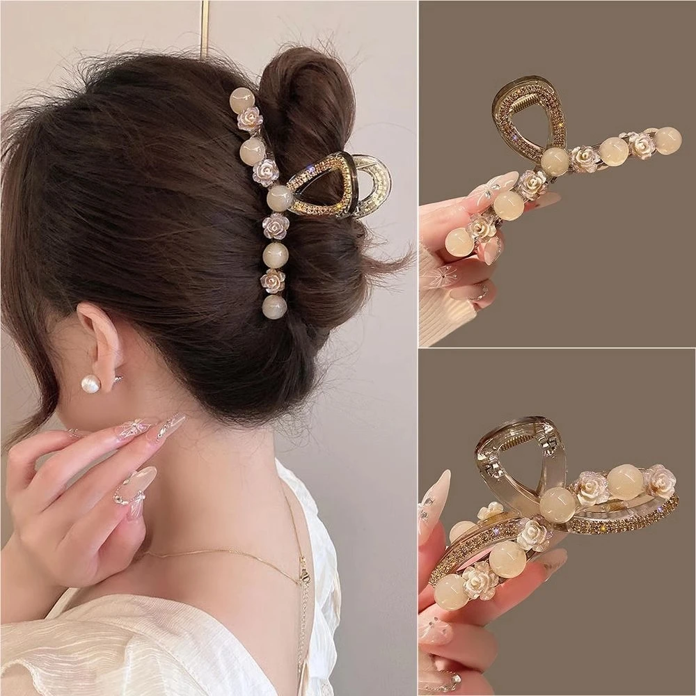 高级感抓夹女后脑勺发量多盘发鲨鱼夹子大号发夹头饰发卡山茶花
