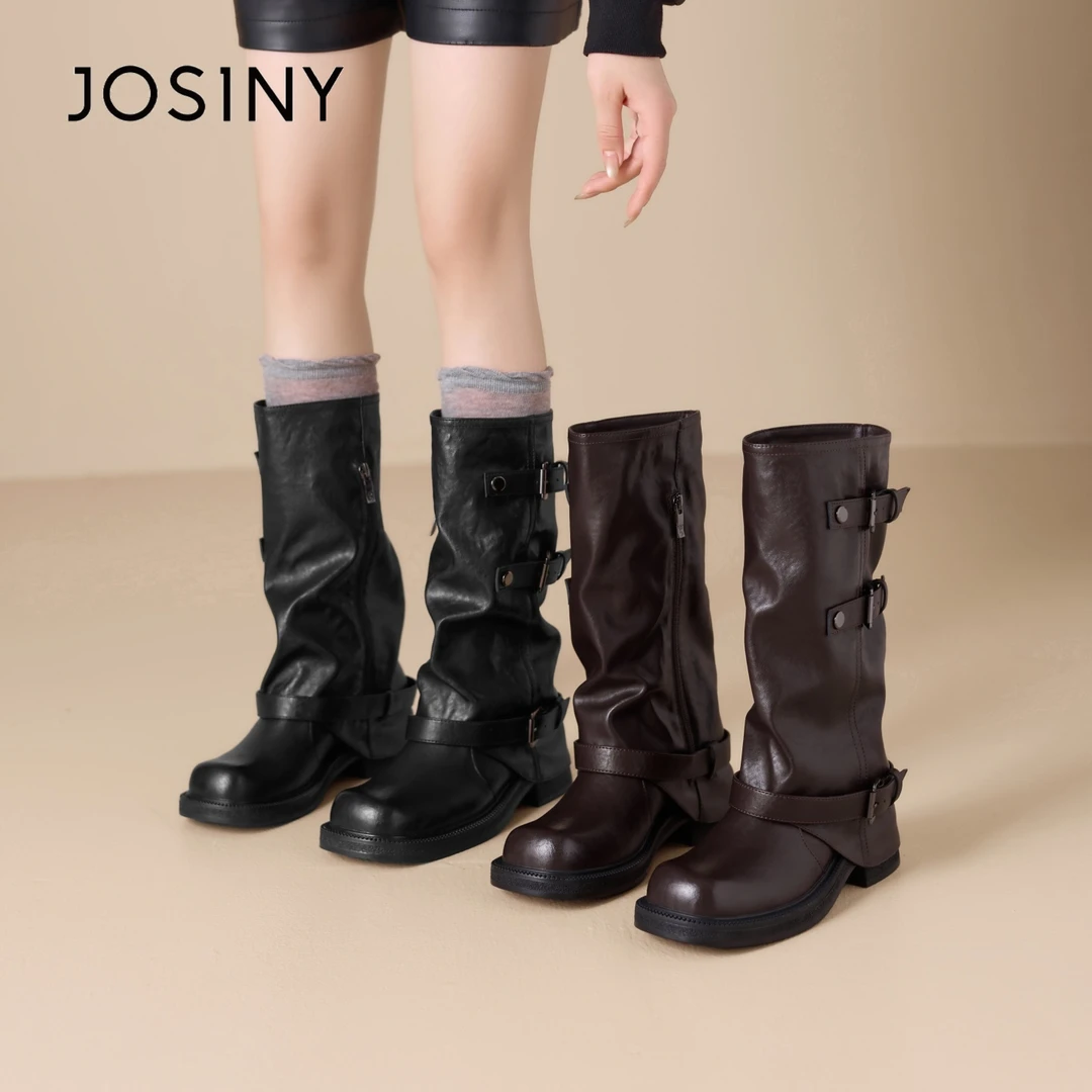 卓诗尼复古厚底裤管靴女2025秋冬新款粗跟长筒靴褶皱骑士牛仔长靴