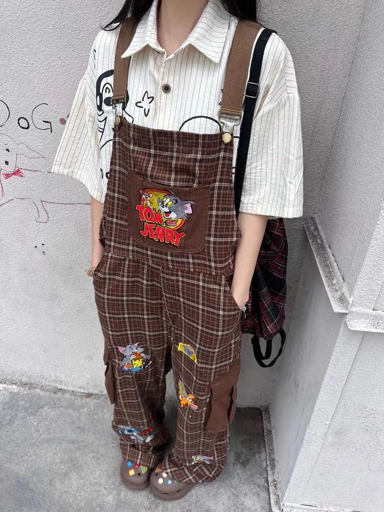 杰瑞美拉德格纹牛仔背带裤女2025春新款宽松bf美式街头连体长裤