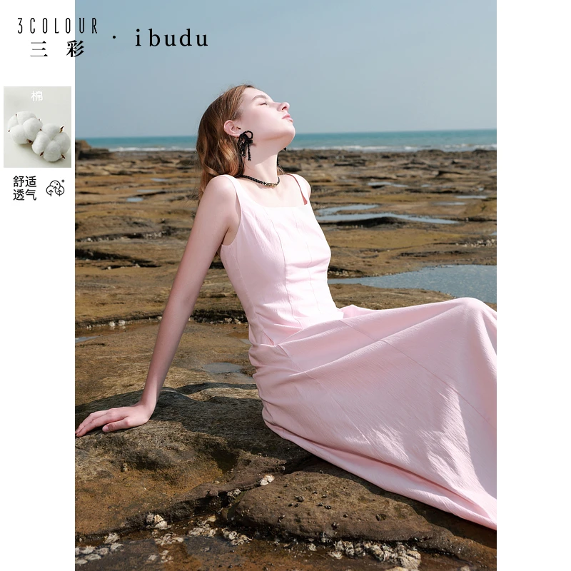 三彩ibudu2025春季新款方领无袖A字裙收腰大摆连衣裙背心长裙女