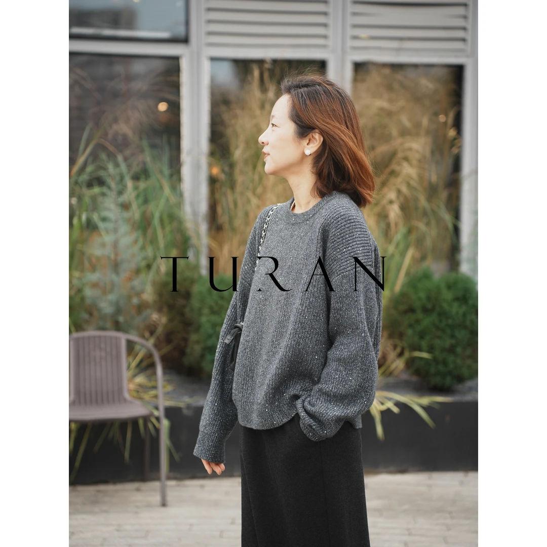 BC高定亮丝珠片缀饰花纱羊毛套头衫气质显瘦百搭时尚简约TRTG0879