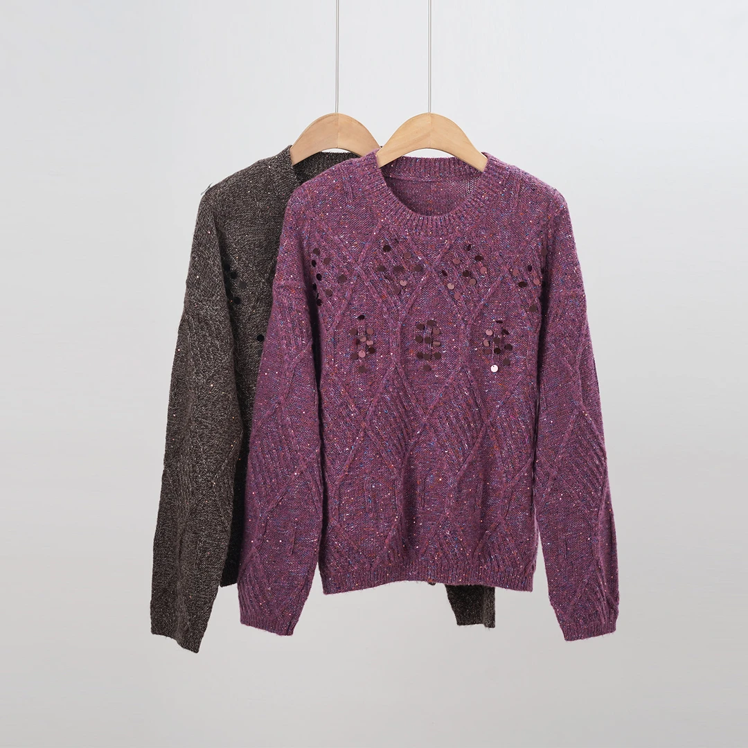 秋冬亮片菱形格山羊绒羊毛醋酸女士毛衣（252564）2974