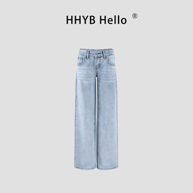 宽松低腰做旧浅蓝休闲裤百搭直筒牛仔裤女Q254357