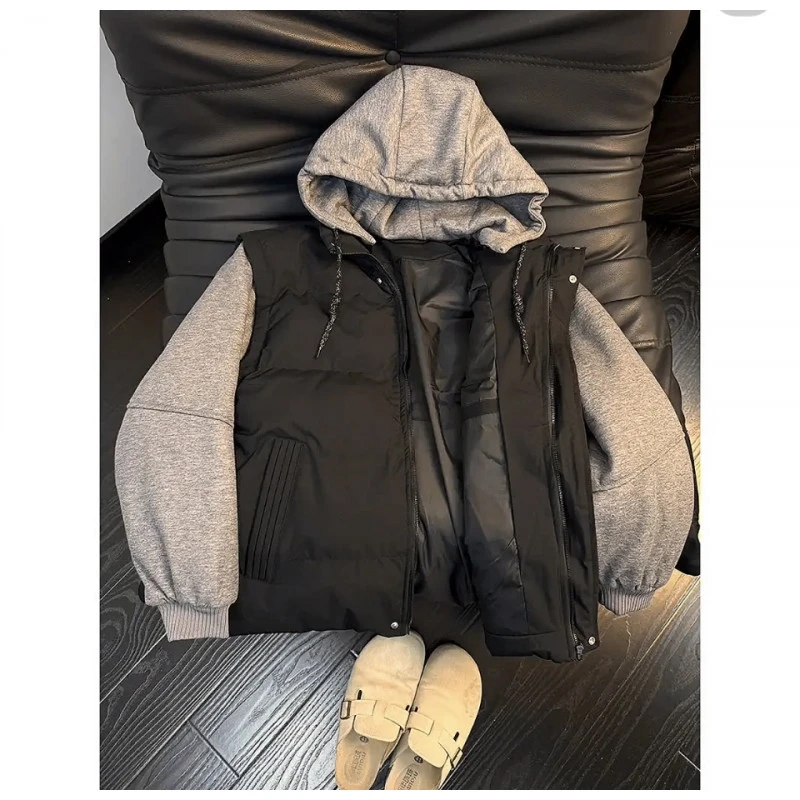 美式休闲假两件可拆卸连帽棉衣男女冬季新款加厚马甲棉服百搭外套