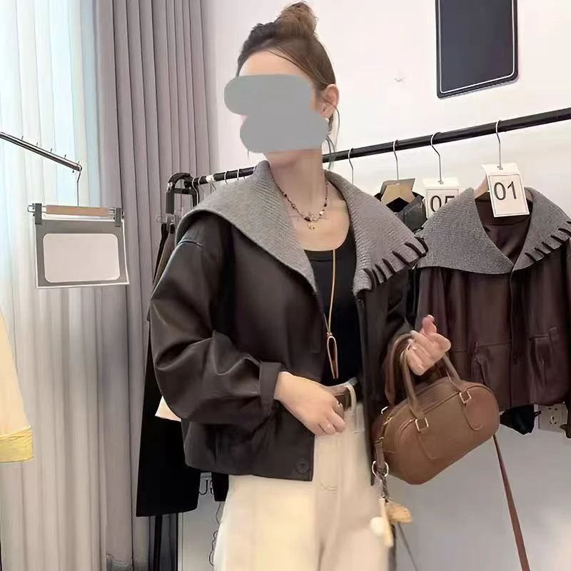 早秋新款设计感海军领pu皮衣夹克女休闲显瘦短款外套