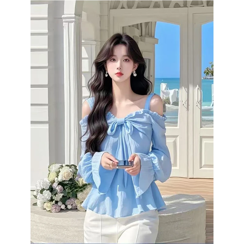 高级感2025春季新款时尚气质蓝色蝴蝶结挂脖露肩洋气减龄气质上衣
