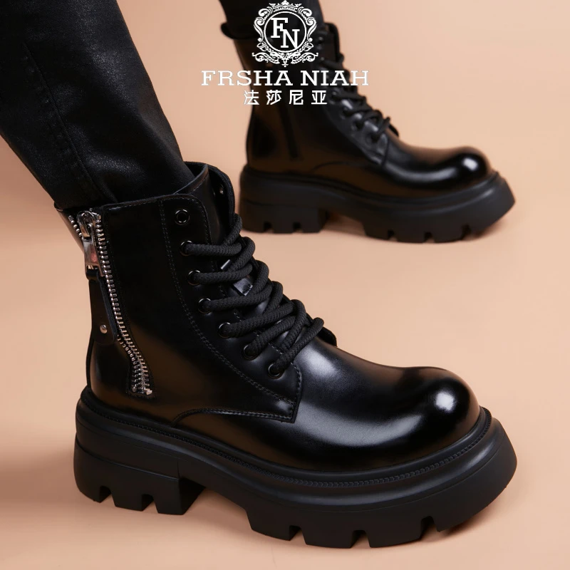 法莎尼亚厚底增高马丁靴冬季新款英伦风黑色短筒潮流百搭休闲男鞋