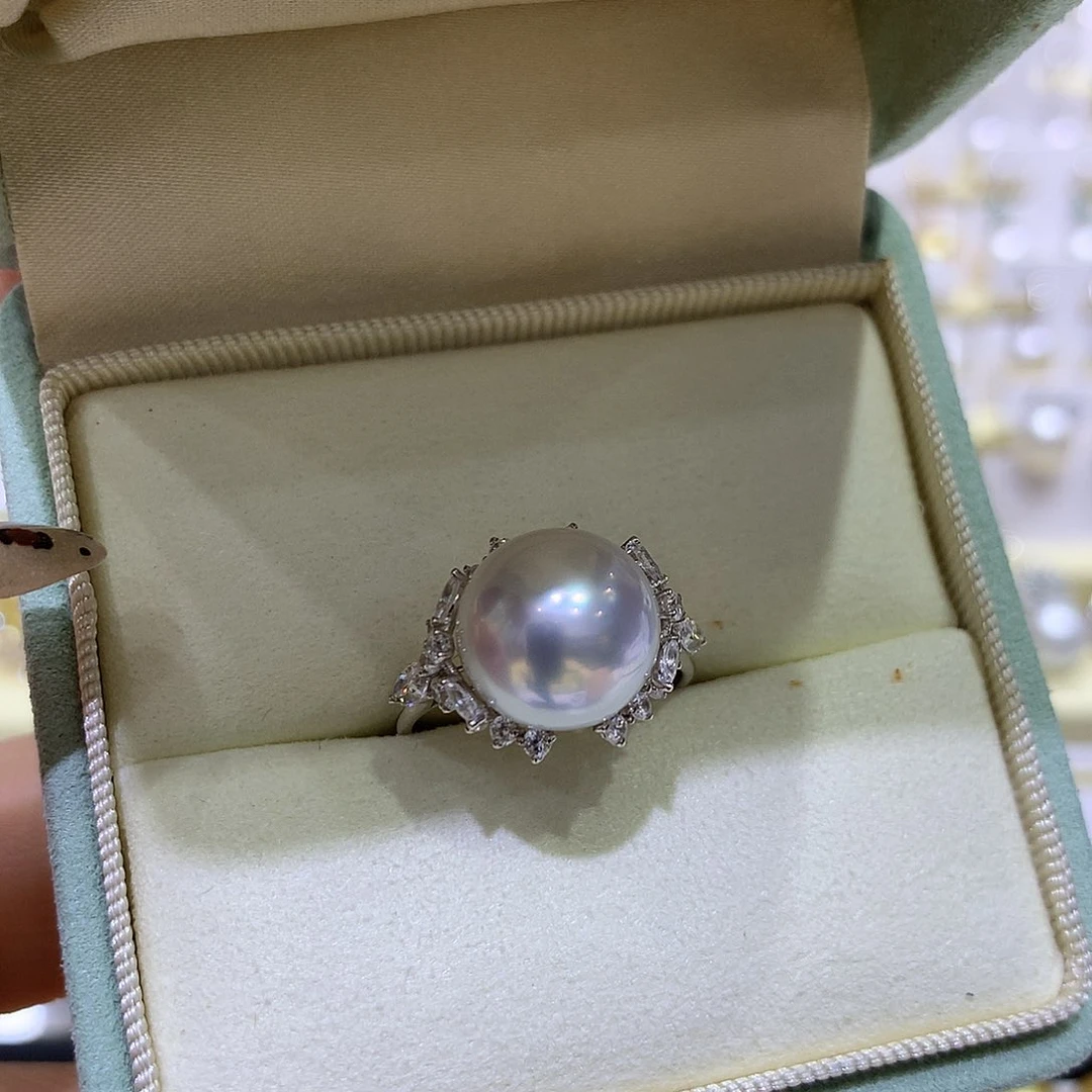 海水珍珠戒指18K金镶嵌近12mm澳白