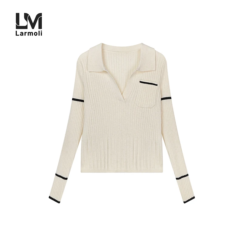 Larmoli2152POLO领长袖针织衫女2025早秋新款坑条设计感小众