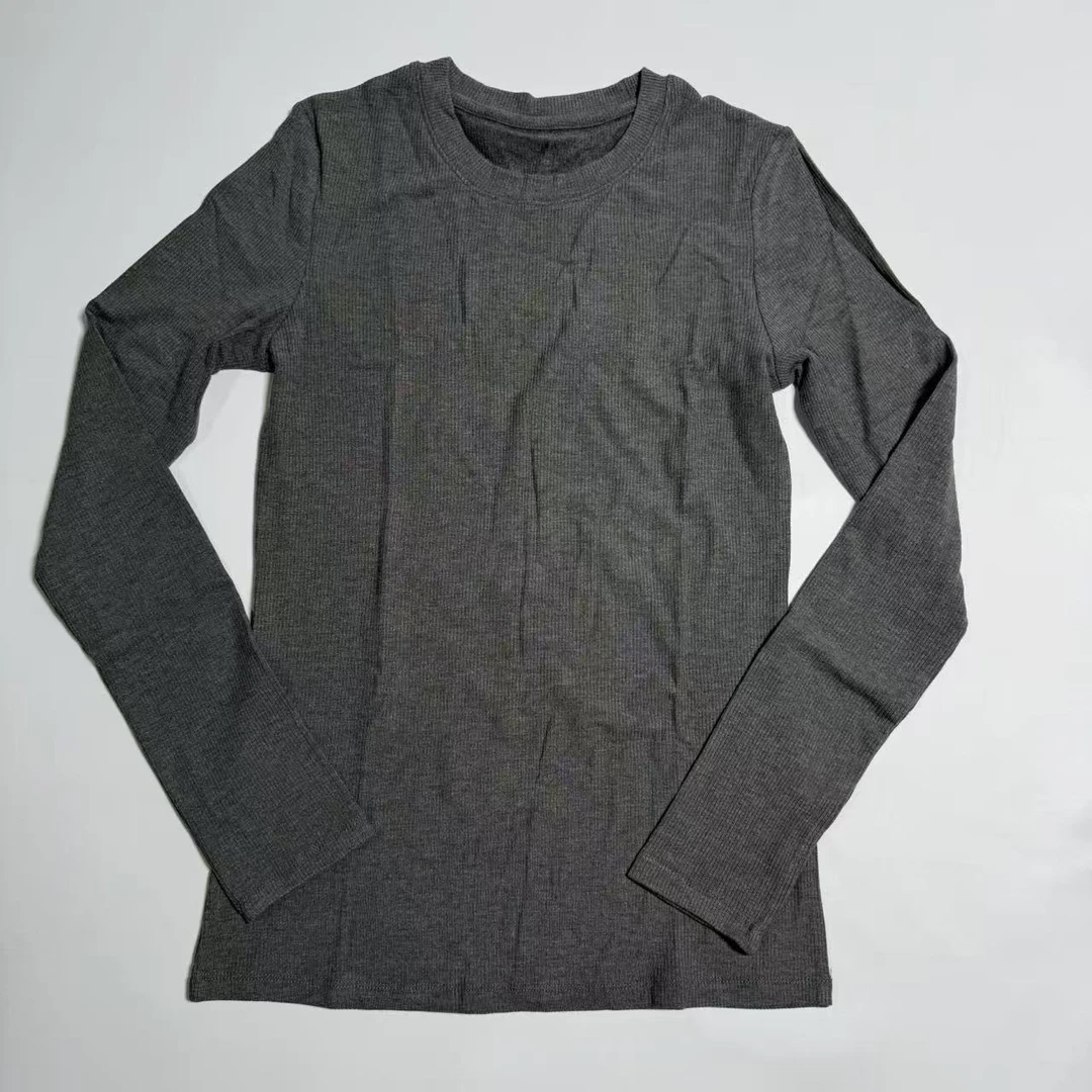 女长袖圆领珊竹浅灰休闲T恤拼色时尚休闲针织网红羊毛蚕丝发热衣