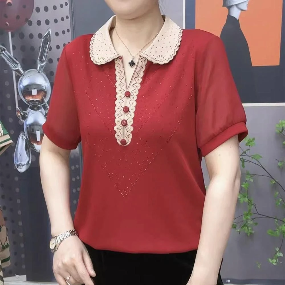 彩羊夏季薄透气纯色烫钻衬衫领简单大气短袖时尚中老年