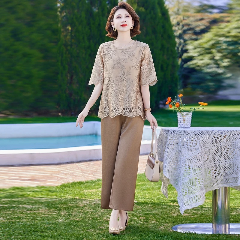 中老年女装洋气口袋肌理图案常规时尚高贵九分裤常规款妈妈装