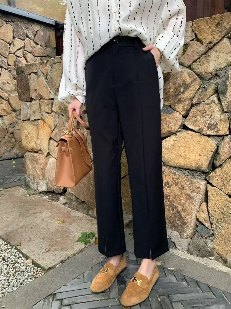 【NAZ微胖大码定制】牙签褶开叉黑色直筒垂感开叉西装喇叭裤