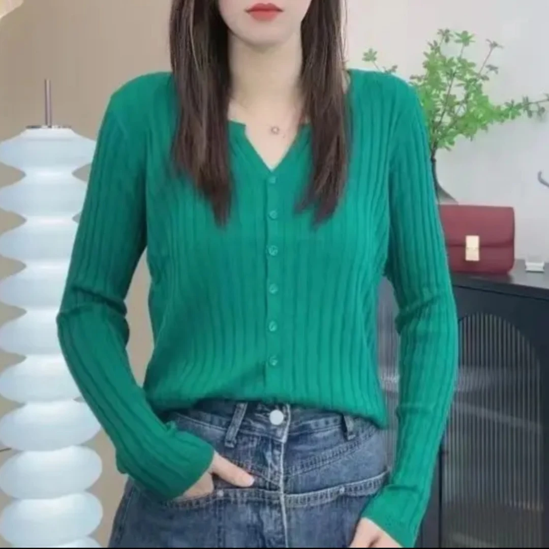 春秋新款坑条V领显瘦针织开衫女韩版长袖内搭毛衣外套修身上衣潮