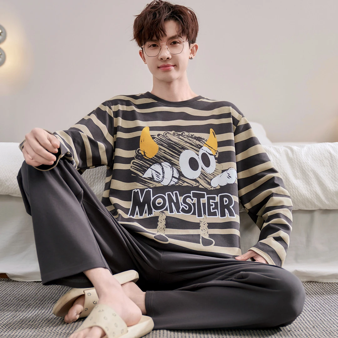 纯棉男士睡衣春秋季长袖新款卡通条纹青少年大码全棉家居服套装冬