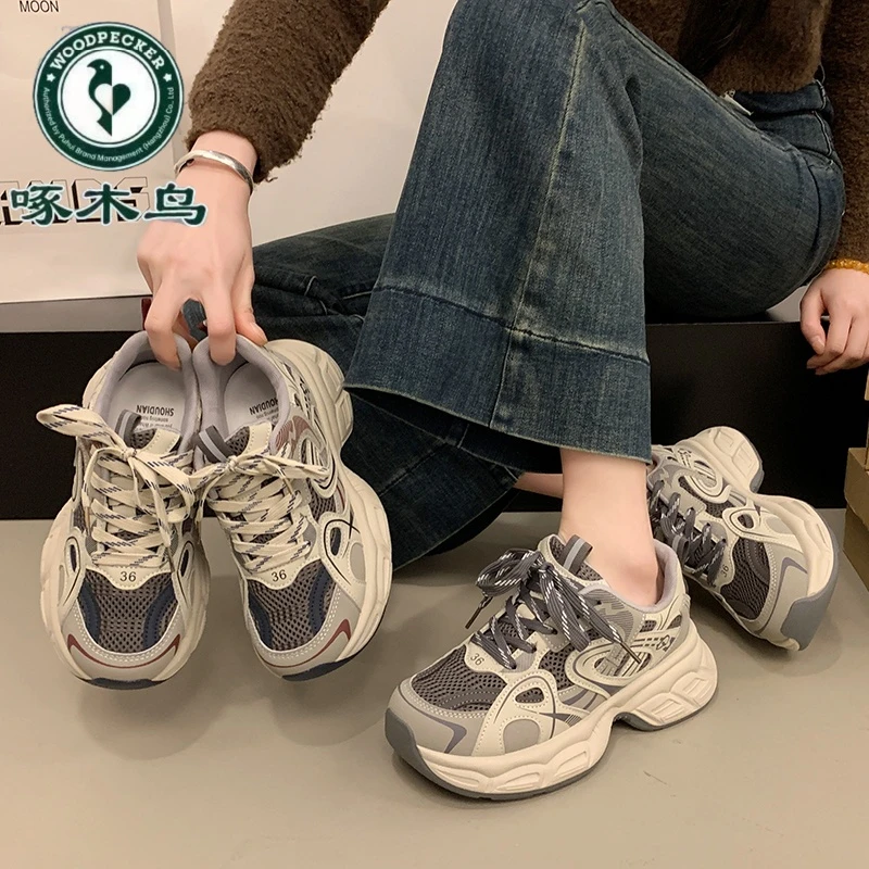 啄木鸟百搭厚底老爹鞋女小个子增高鞋新款春秋潮款爆款休闲运动鞋