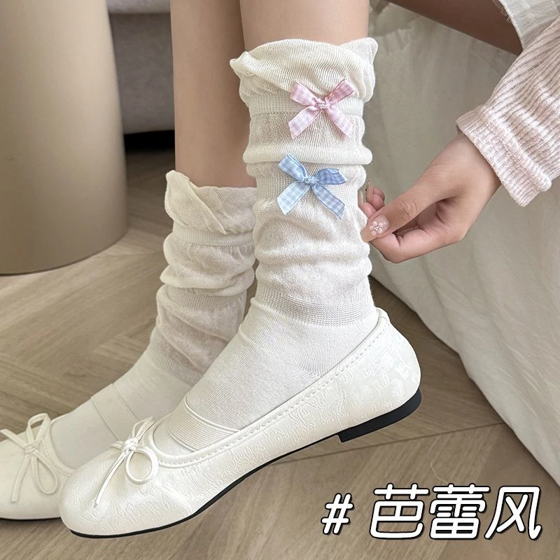 手工蝴蝶结袜子女春夏季薄款芭蕾风小腿袜配小皮鞋玛丽珍女生长袜