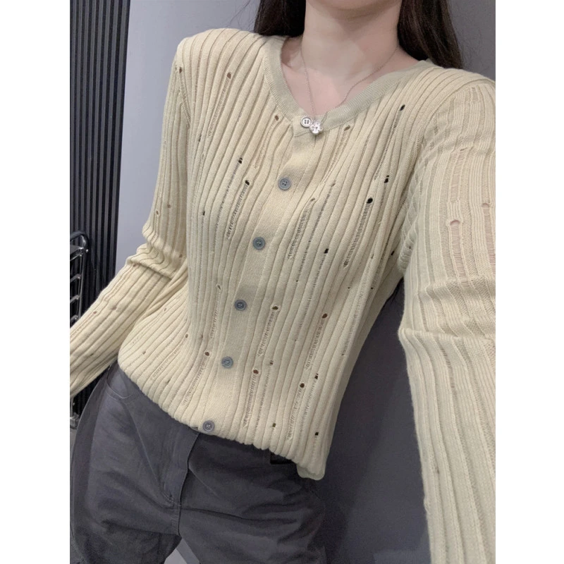 镂空破洞开衫女长袖针织衫设计感显瘦修身洋气休闲上衣打底衫秋季