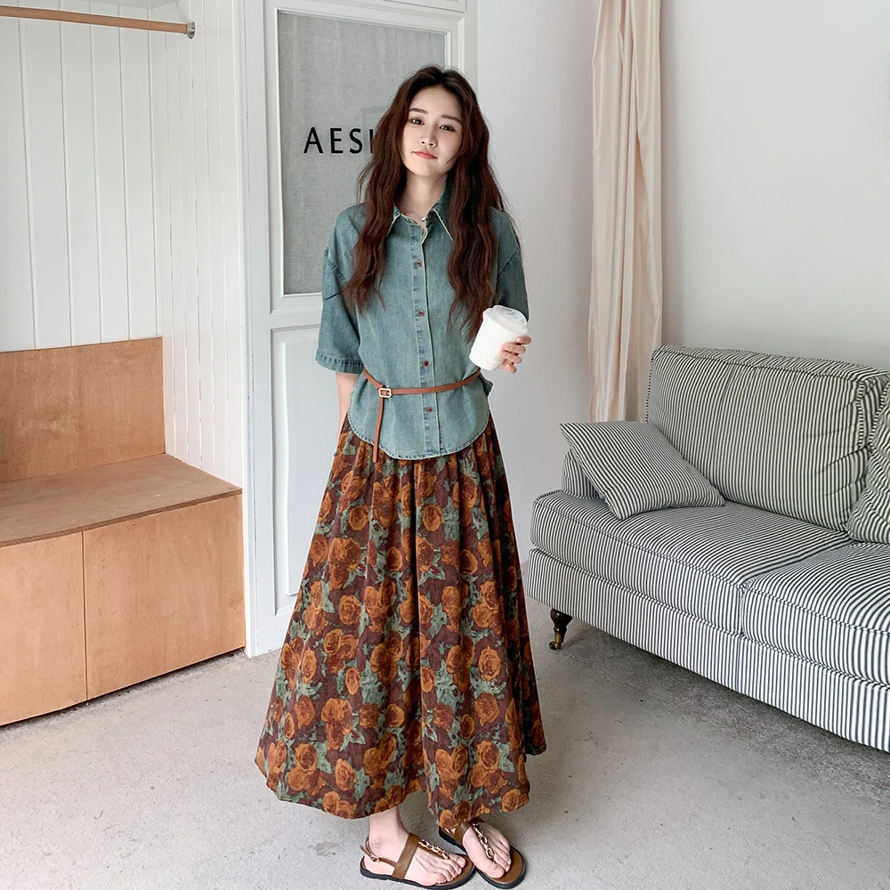 现货2025新款牛仔上衣+碎花半裙8655p155K218