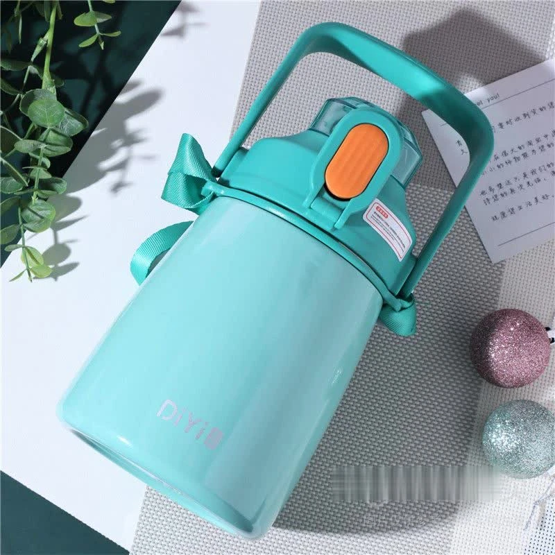 帝怡大肚保温杯 304不锈钢儿童水杯大容量女网红吸管杯高颜值1000ml 含贴纸+