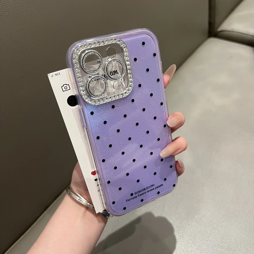 高颜值细闪波点自带镜头膜适用16Promax手机壳苹果15防摔14全包16