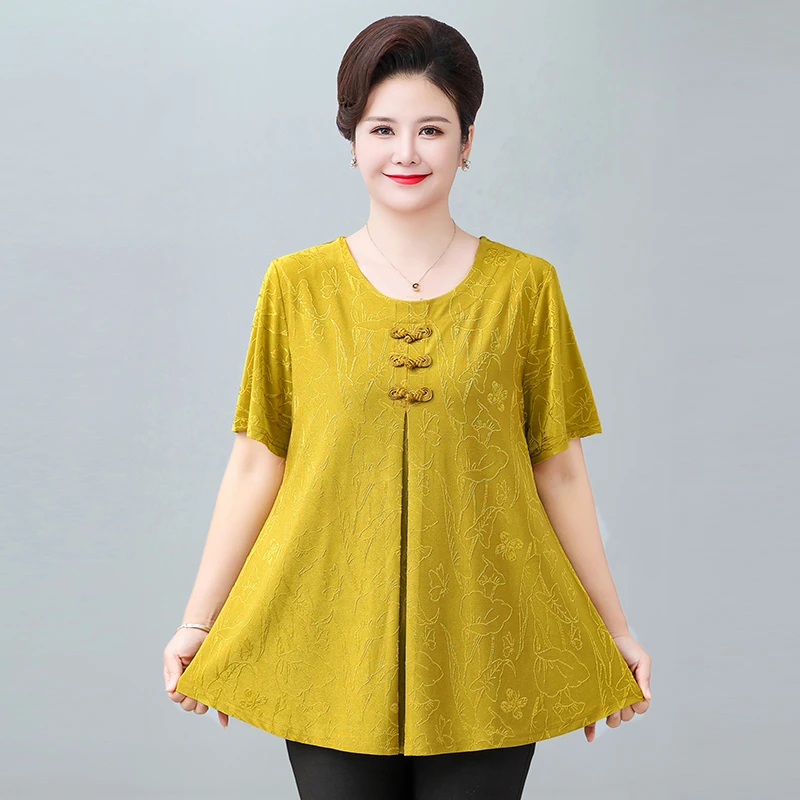 中老年人薄款加肥加大码宽松上衣女肥胖妈妈夏装短袖中年洋气t恤