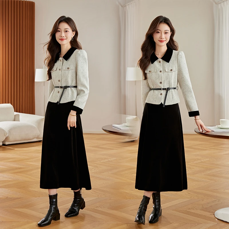 优雅风法式时尚两件套装2025秋冬女小香风收腰半身裙气质加棉显瘦