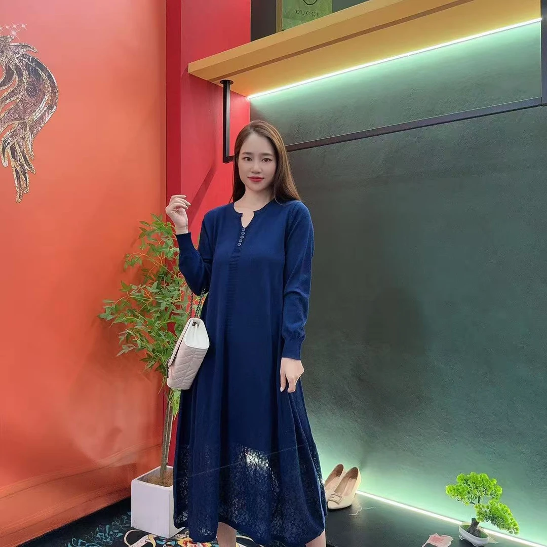 1321多金大码气质减龄长款A字裙子春秋季设计长袖连衣裙女
