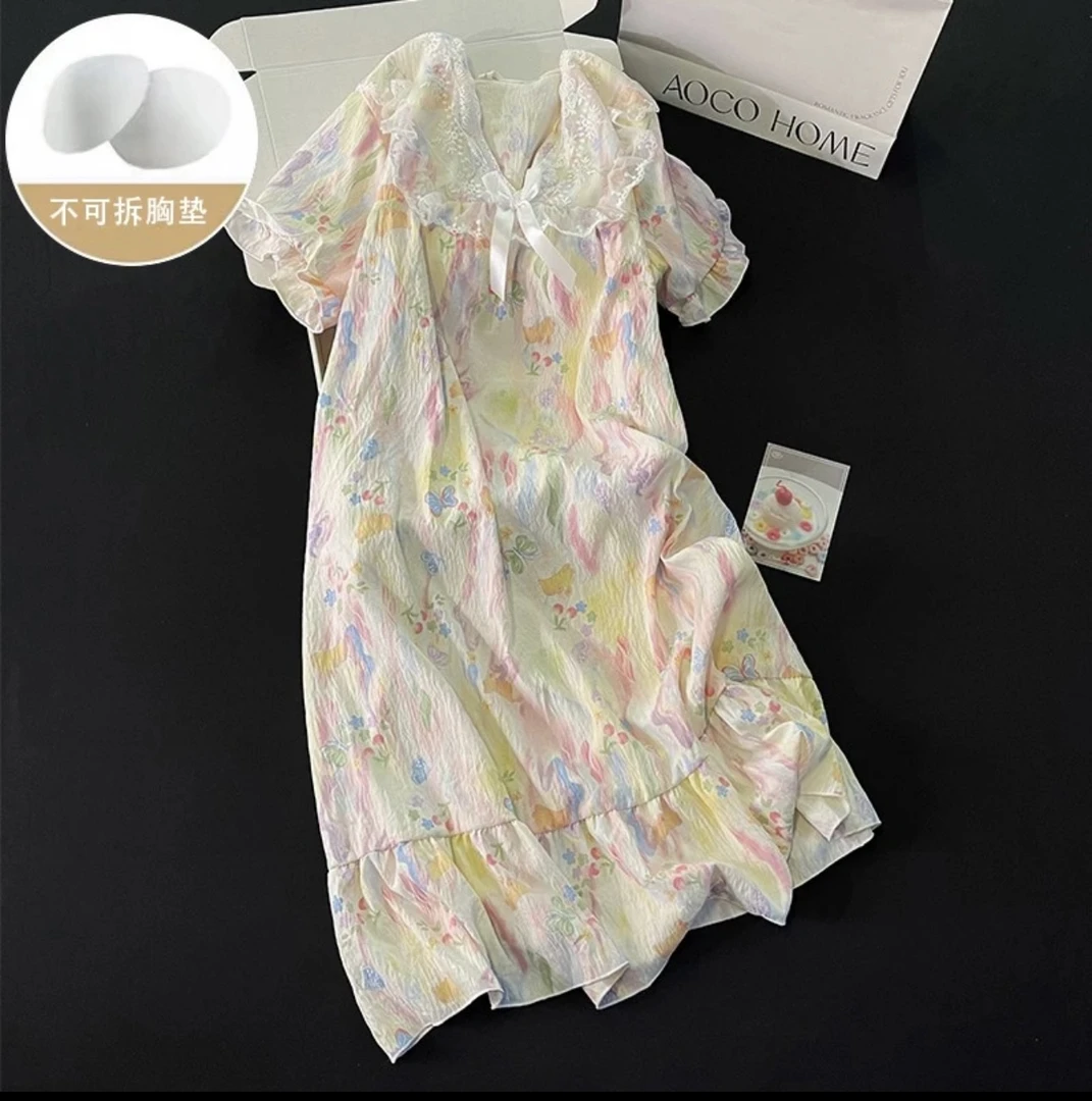 【5】睡衣夏季学生蕾丝裙可外穿时尚家居服碎花2025女夏带胸垫睡裙