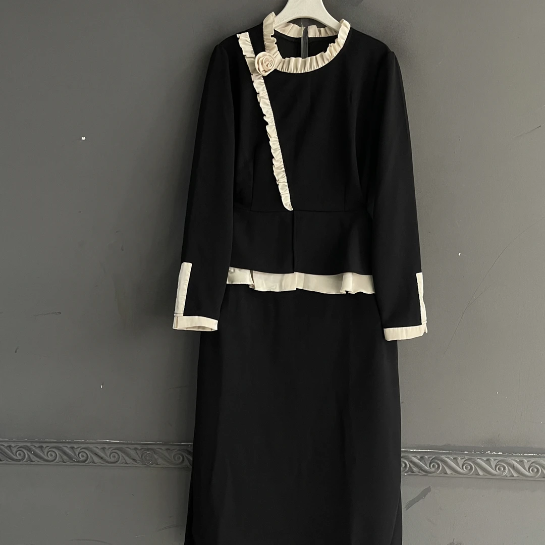 轻奢减龄优雅撞色开叉立体花朵秋季显瘦遮肚大码连衣裙