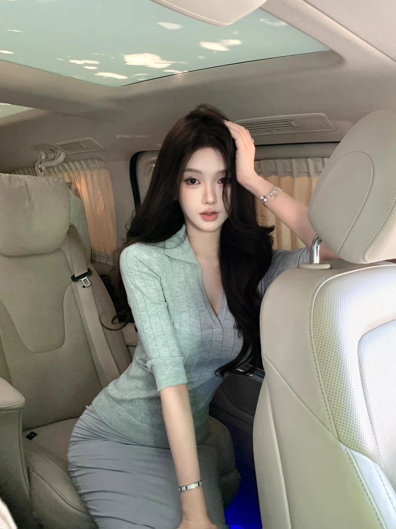 夏季修身正肩系带收腰短袖法式v领中袖针织衫女老钱风t恤Polo上衣