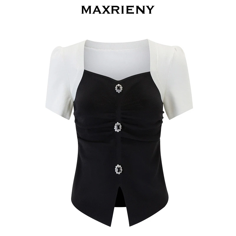 MAXRIENY马克茜妮夏季气质显瘦收腰方领毛针织衫MS85SW049A90