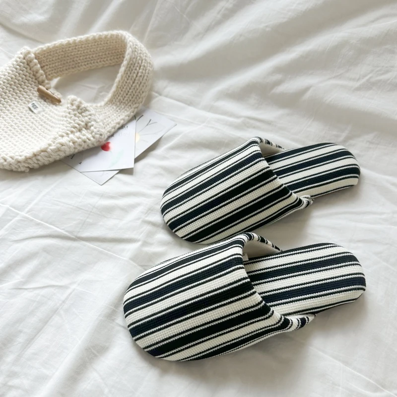 四季通用个性空调房休闲居家简约条纹一字地板鞋女士棉麻亚麻拖鞋