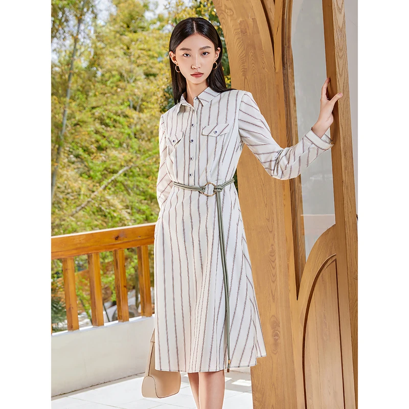 dunnu敦奴秋欧货气质收腰显瘦中长款衬衫裙NS352103