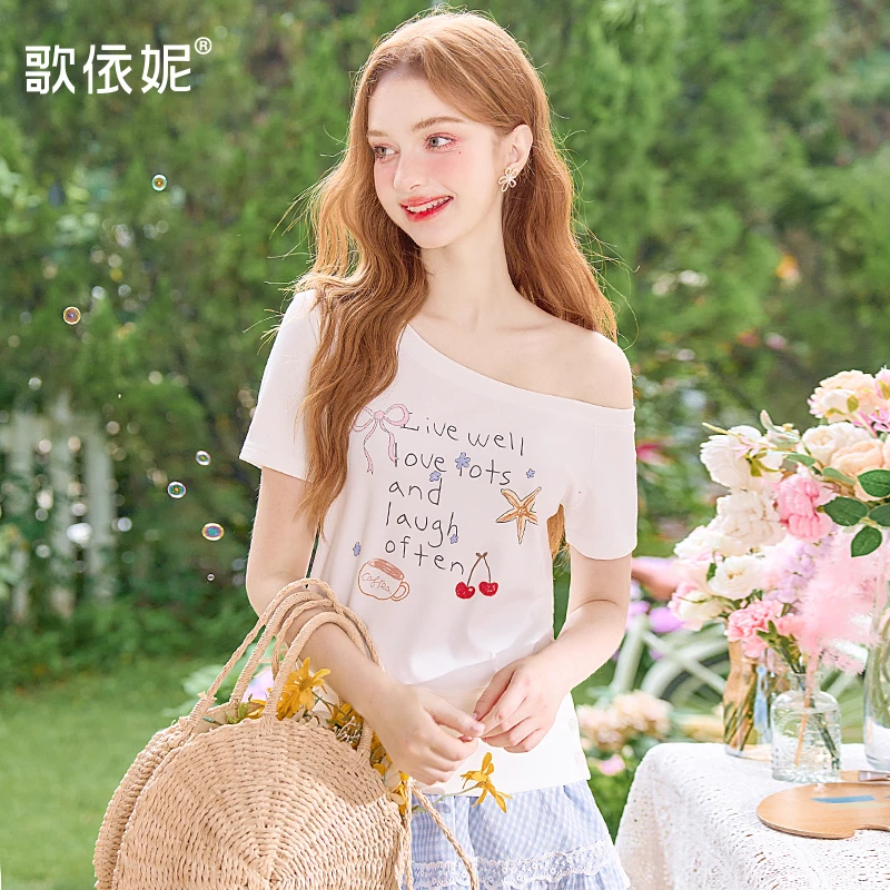 歌依妮夏季新款女甜美白色印花百搭斜肩露肩设计感短袖T恤衫上衣