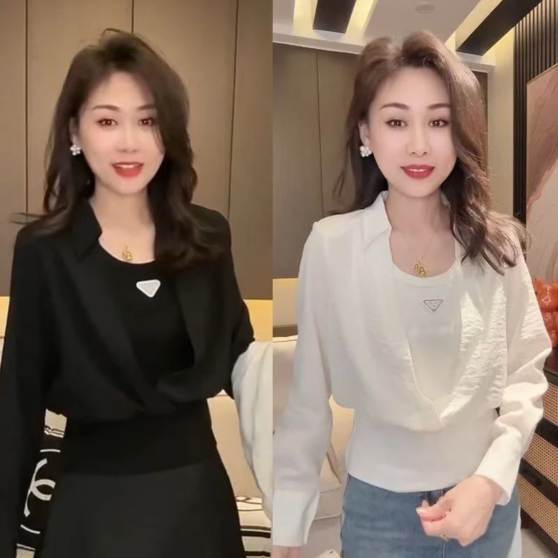 5607-2025年春季新款时尚洋气设计感显瘦拼接假两件上衣
