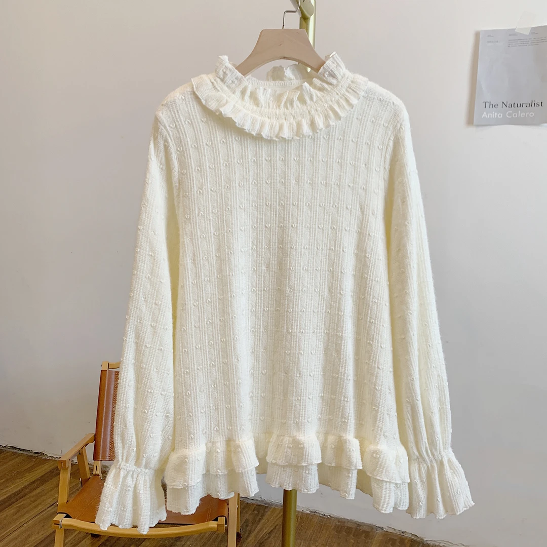 心动讯号Y4092加绒爱心植绒提花荷叶边立领长袖T恤