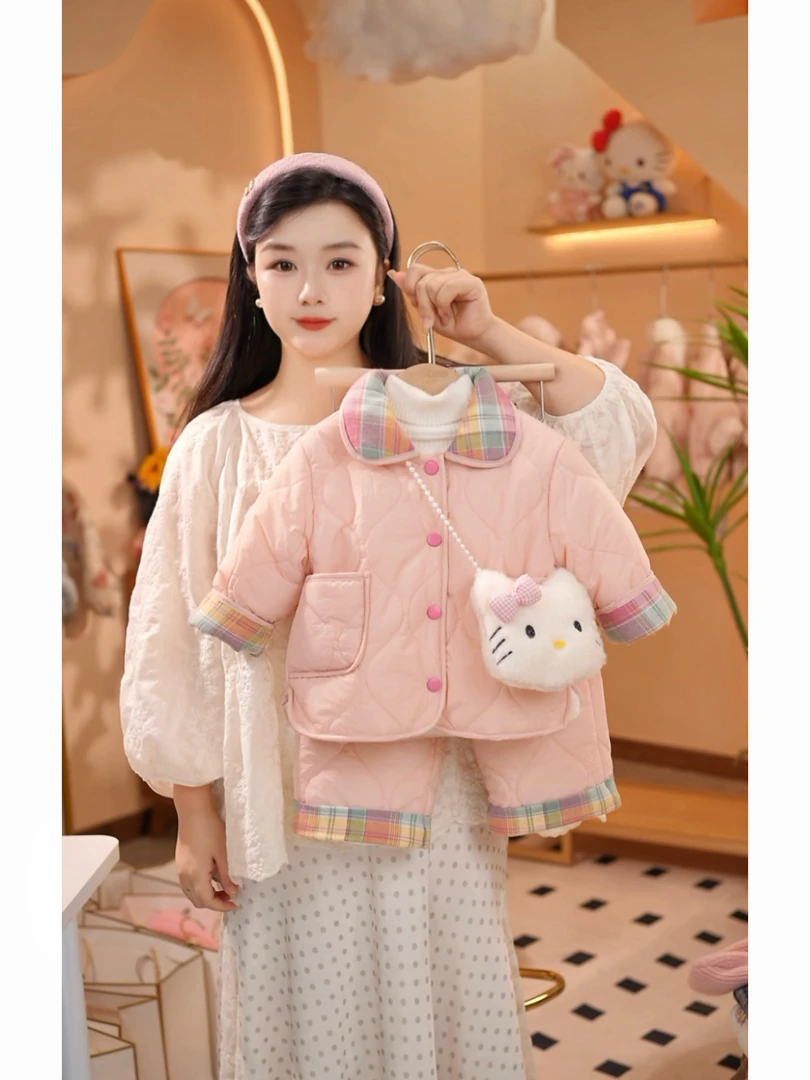 【拍一发三】2025冬季加绒加厚拼接格子套装保暖外套加厚直筒裤套装