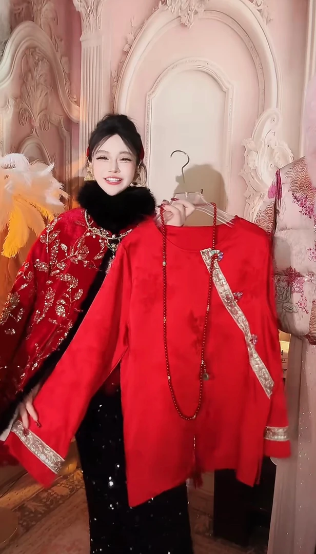 【崔】S0029新中式红色长袖衬衫女秋冬重工缎面钉珠衬衣国风盘扣