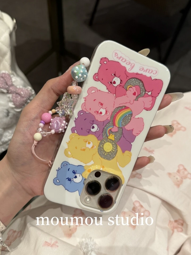 可爱彩色小熊镂空闪粉适用iphone16苹果15promax手机壳14套13挂件